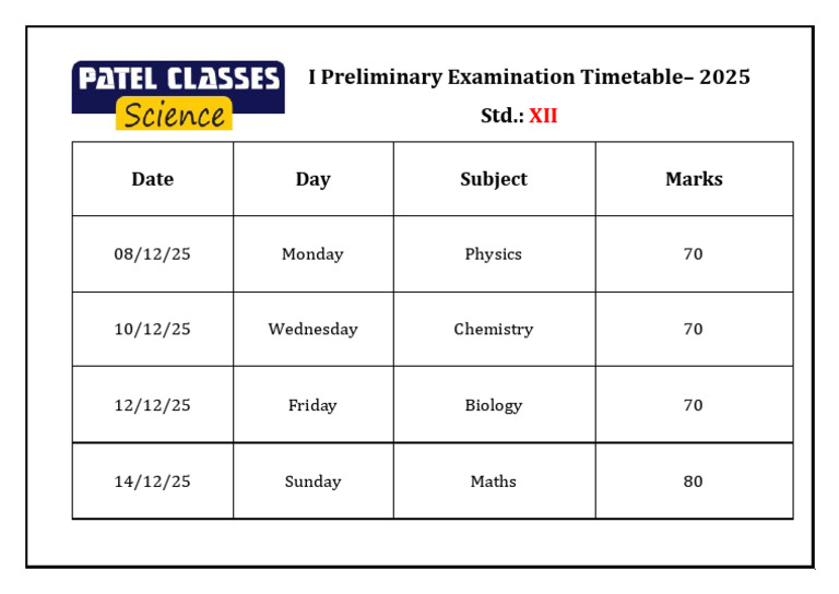 2025 XII Preliminary Exam Schedule | PDF
