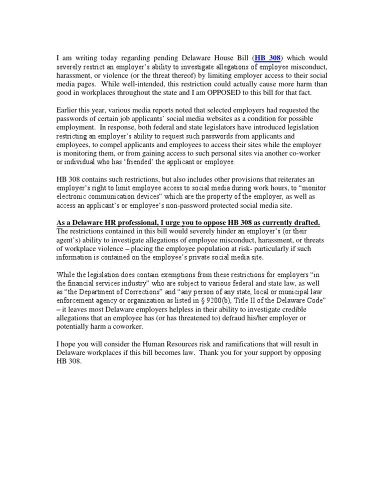 Template Letter H.B. 308 | PDF | Delaware | Employment