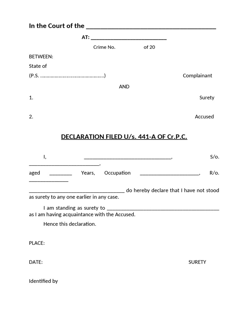Surety Declaration Under Cr.P.C. 441-A | PDF