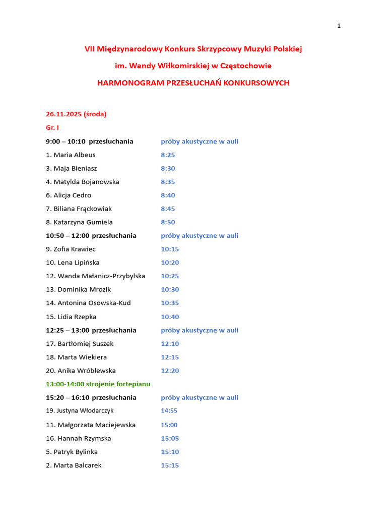 Harmonogram Prób I Przesłuchań 2025 Ostatnia Wersja 10112025 | PDF