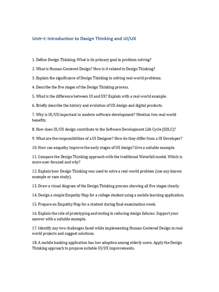 Unit 1 Design Thinking UI UX Question Bank | PDF
