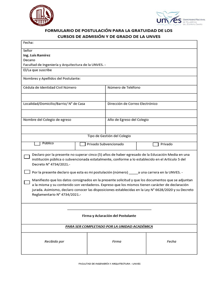 Formulario de Postulación UNVES Gratuidad | PDF