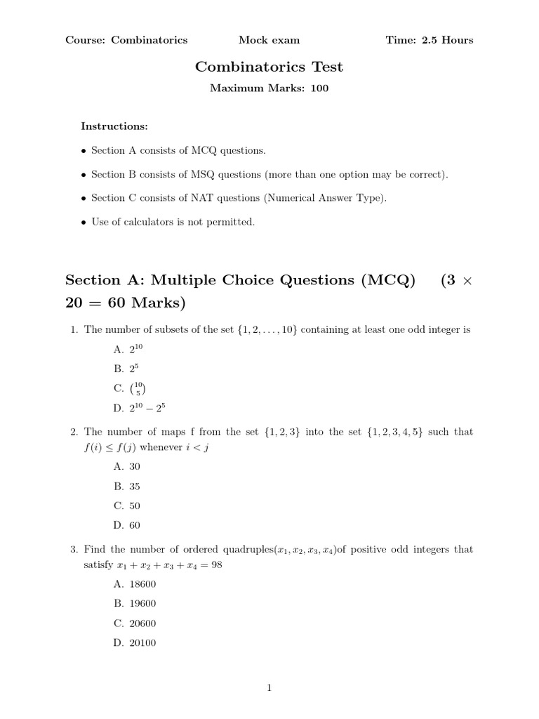 Combinatorics Mock Exam Questions | PDF | Multiple Choice | Mathematics