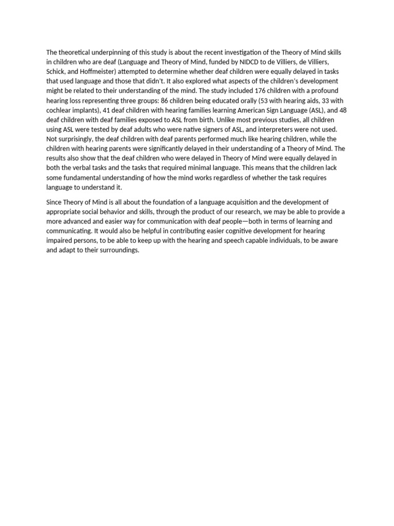 Theory of Mind in Deaf Children Study | PDF