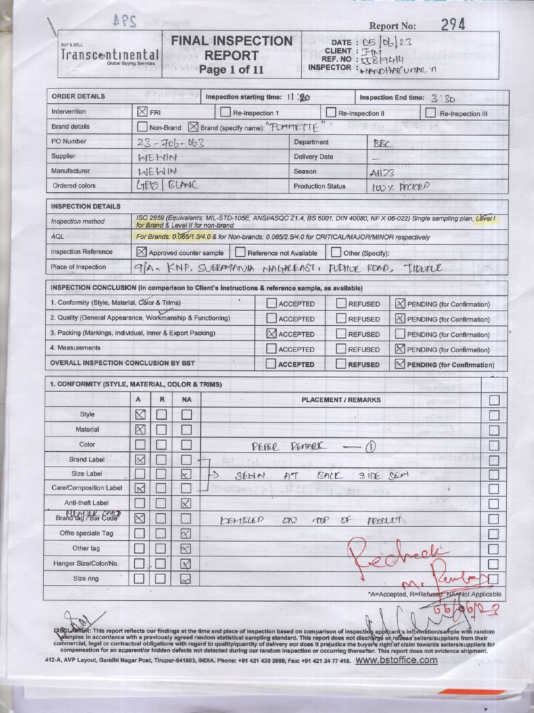 Fri Inspection Report Itm Wewin 55819414 Evaluated On 05-06-2023 | PDF