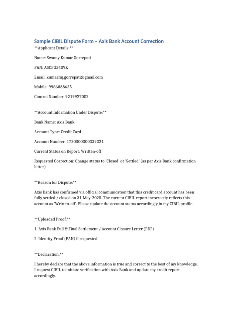 CIBIL Dispute Form AxisBank | PDF