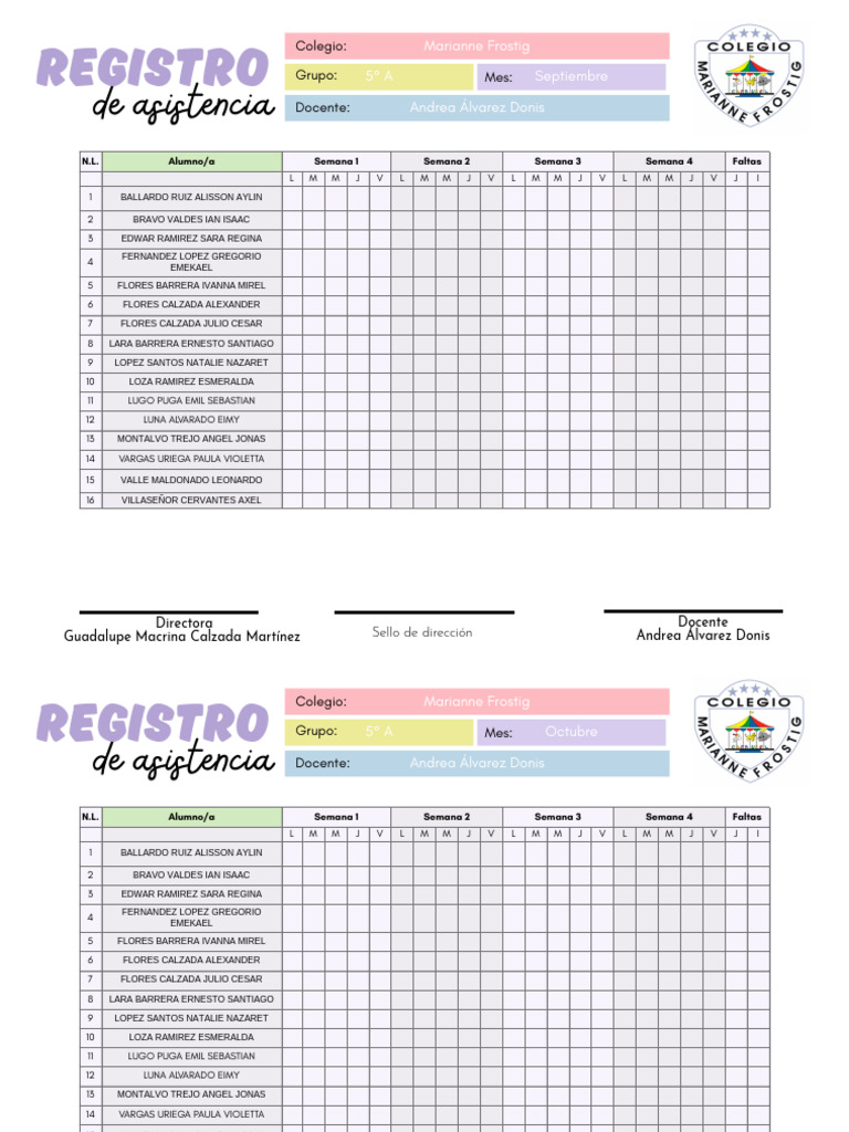 Registro de Asistencia 5° A 2023 | PDF