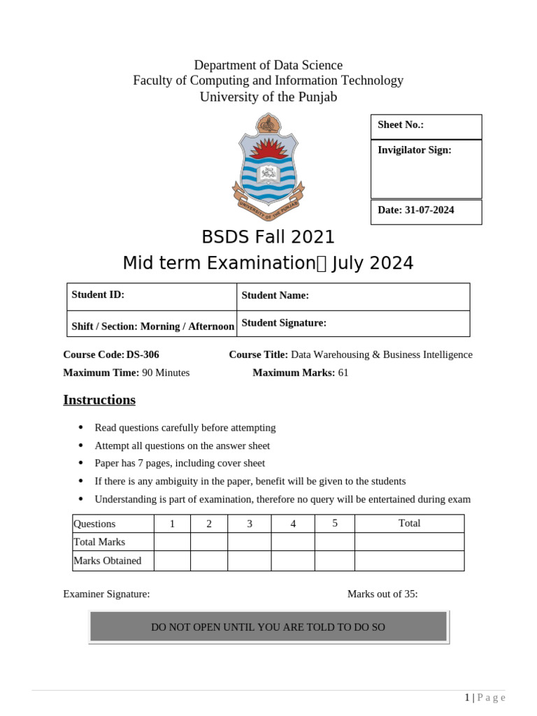 MidTerm DW&BI Fall 2024 | PDF | Conceptual Model | Data Warehouse