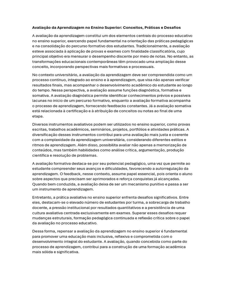 Avaliação da Aprendizagem no Ensino Superior | PDF | Aprendizado ...