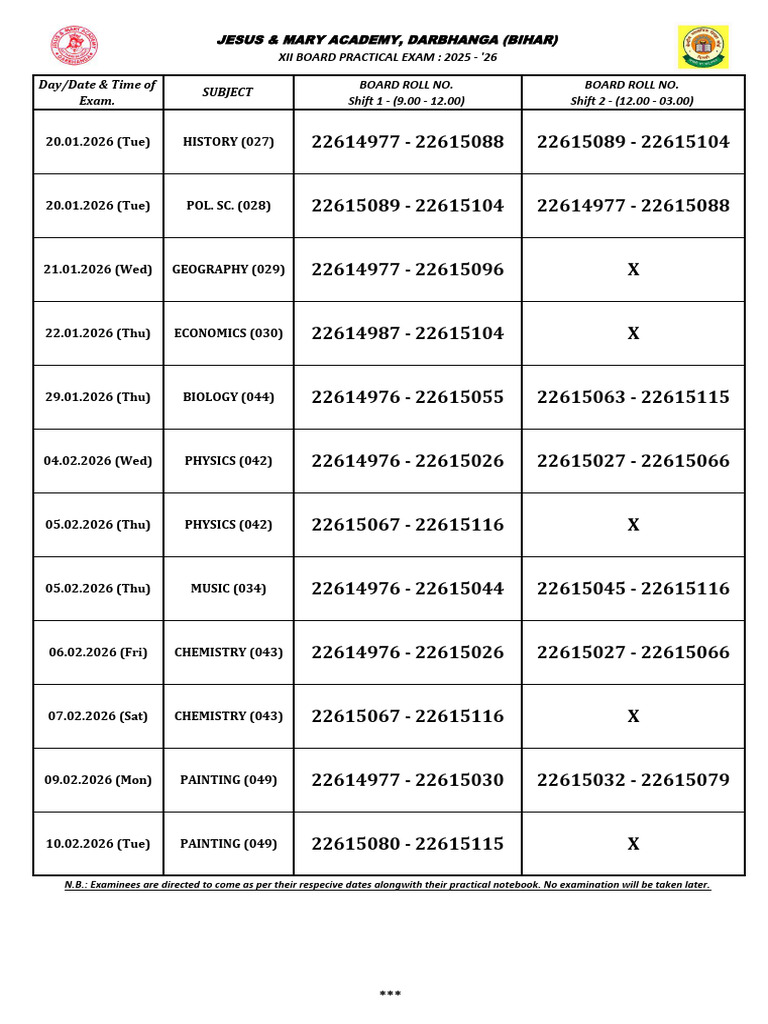 XII Board Practical Exam Schedule 2026 | PDF