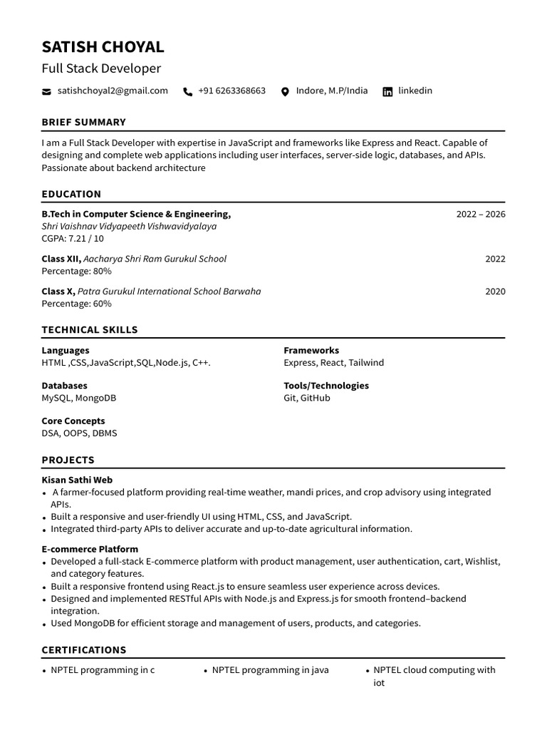Full Stack Developer Resume - Satish Choyal | PDF