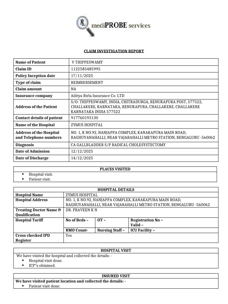 Claim Investigation Report for V Thippeswamy | PDF | Gallbladder ...