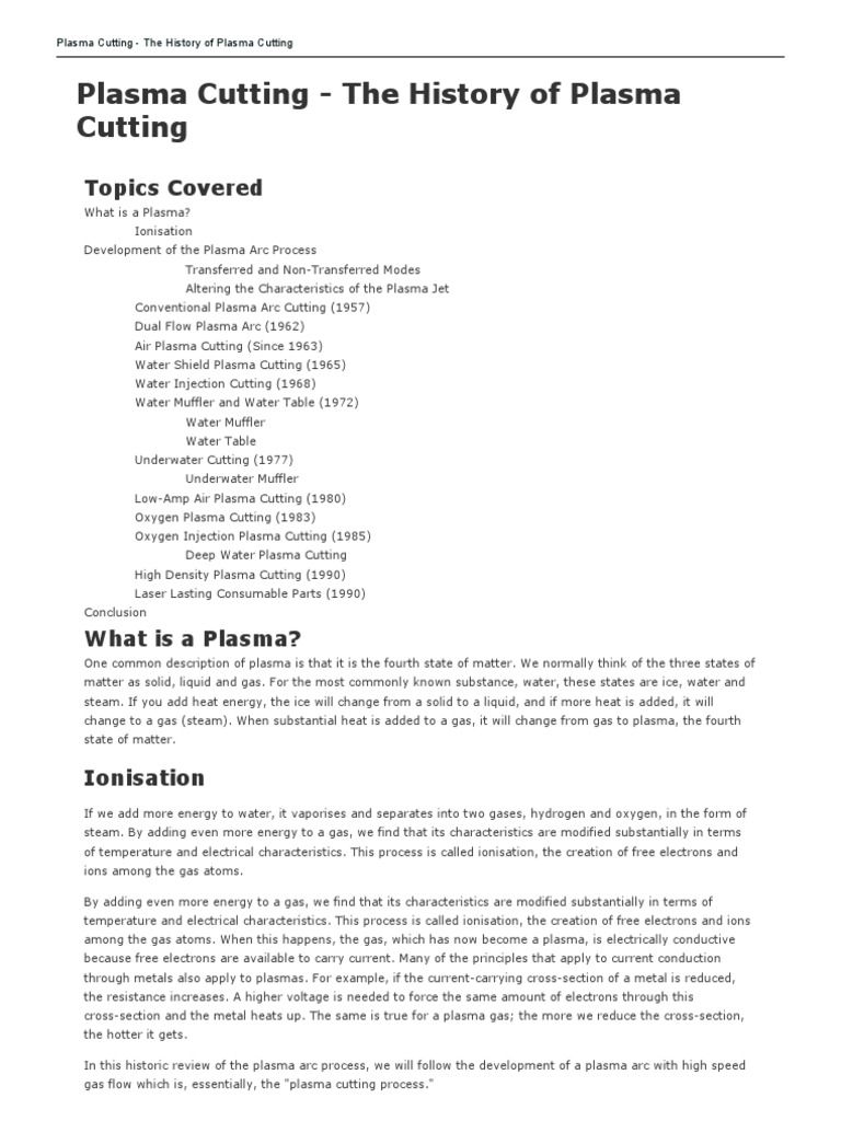 Plasma Cutting The History of Plasma Cutting PDF Electric Arc
