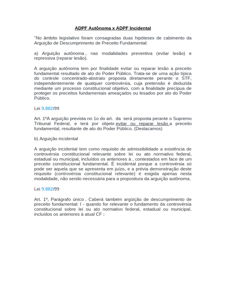 Diferenças entre ADPF Autônoma e Incidental | PDF