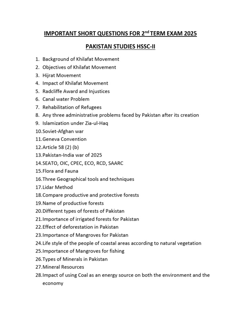 Key Questions for Pakistan Studies Exam 2025 | PDF