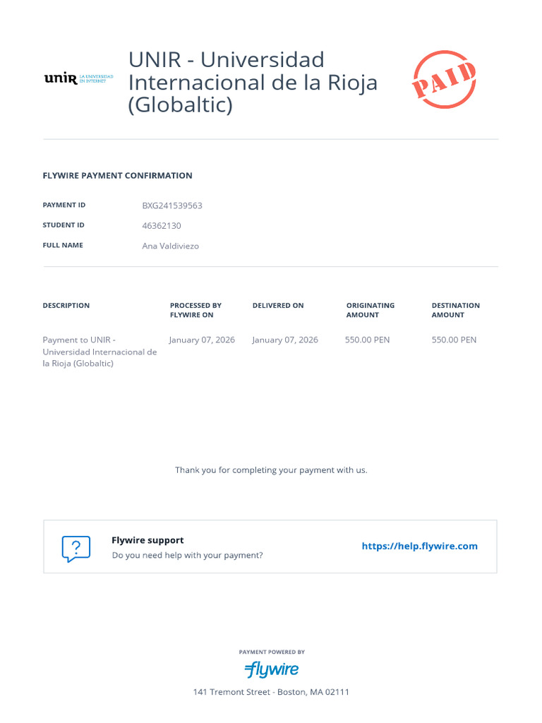 Flywire Payment Confirmation for UNIR | PDF