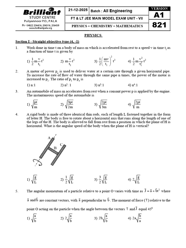 JEE Main Model Exam: Physics & Chemistry | PDF | Force | Acceleration