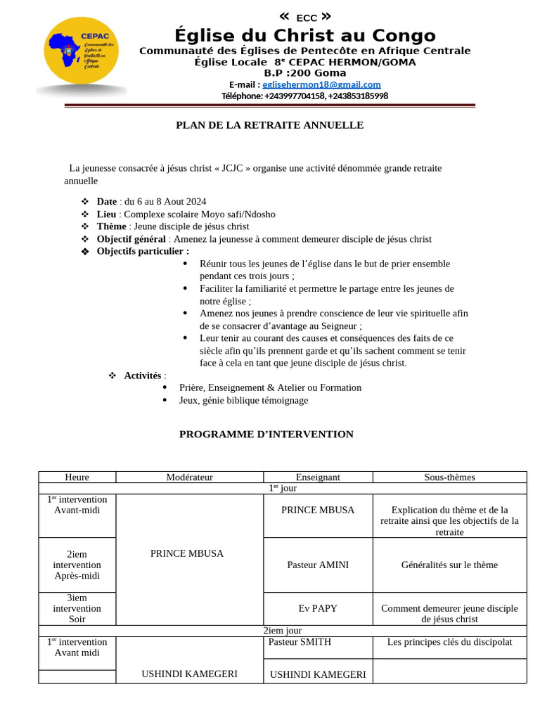 Retraite Annuelle Jeunesse JCJC 2024 | PDF | Nourritures