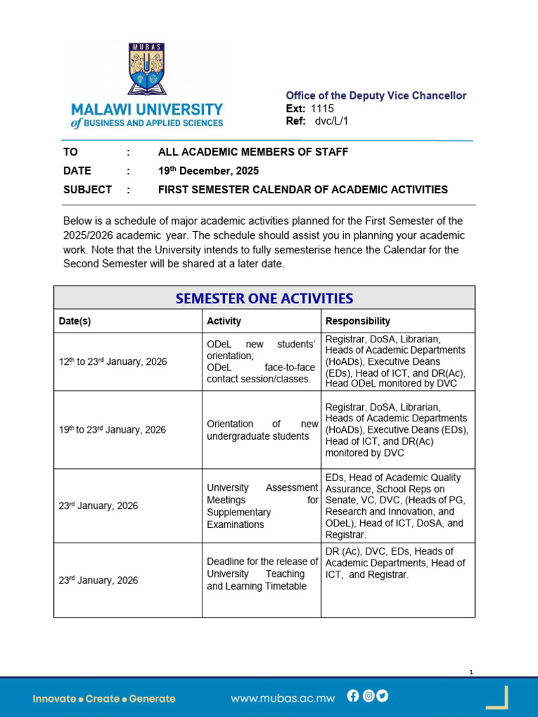 First Semester Academic Calendar 2025/26 | PDF