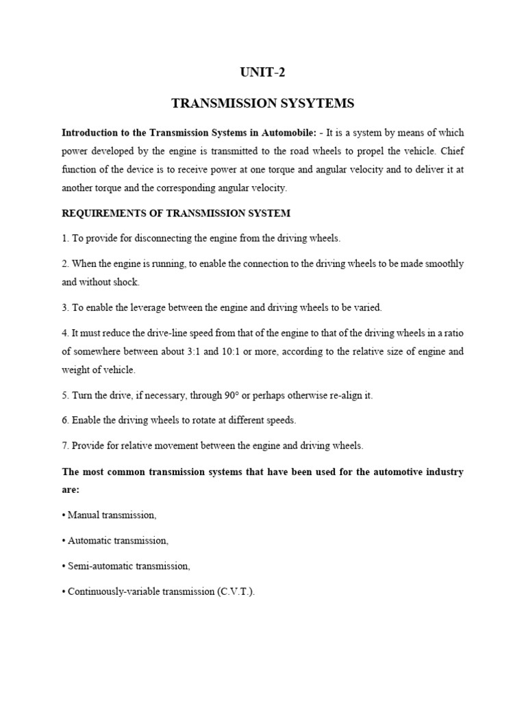 Overview of Automobile Transmission Systems | PDF | Clutch | Manual ...