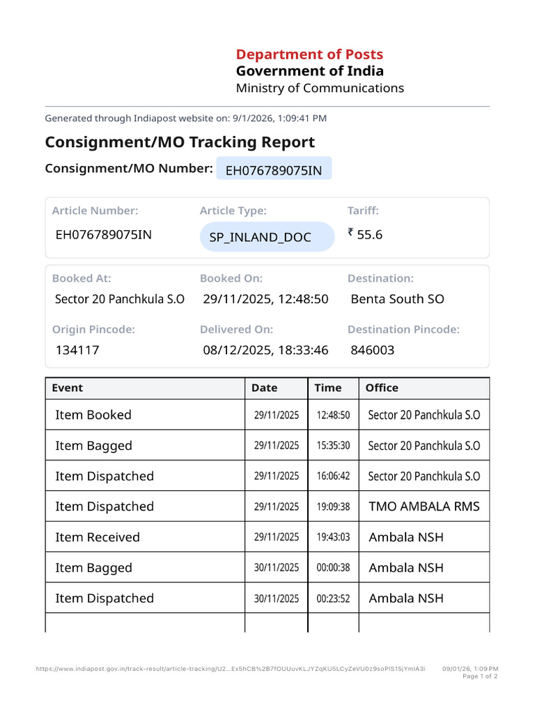 India Post Consignment Tracking Report | PDF