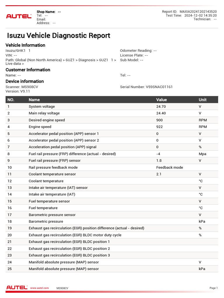 Isuzu Vehicle Diagnostic Report | PDF | Vehicle Parts | Rotating Machines