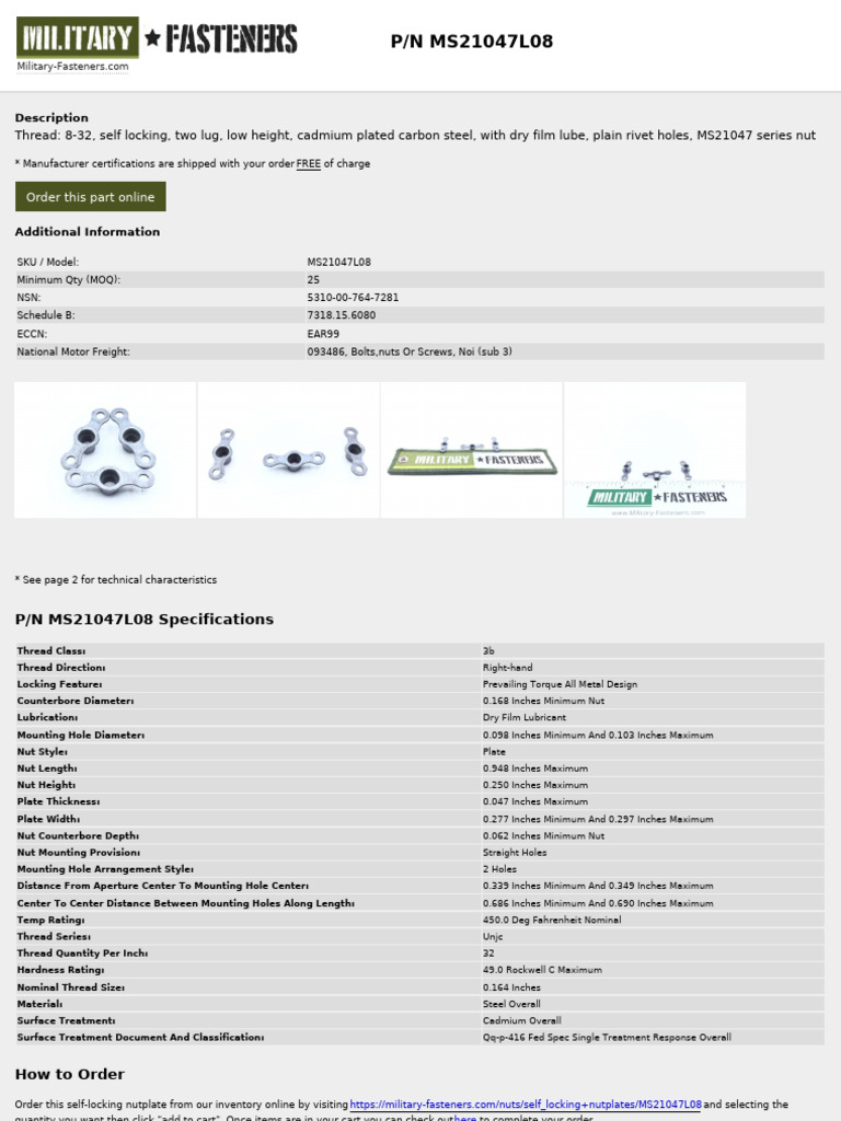 MS21047L08 Self-Locking Nutplate Specs | PDF | Nut (Hardware) | Screw