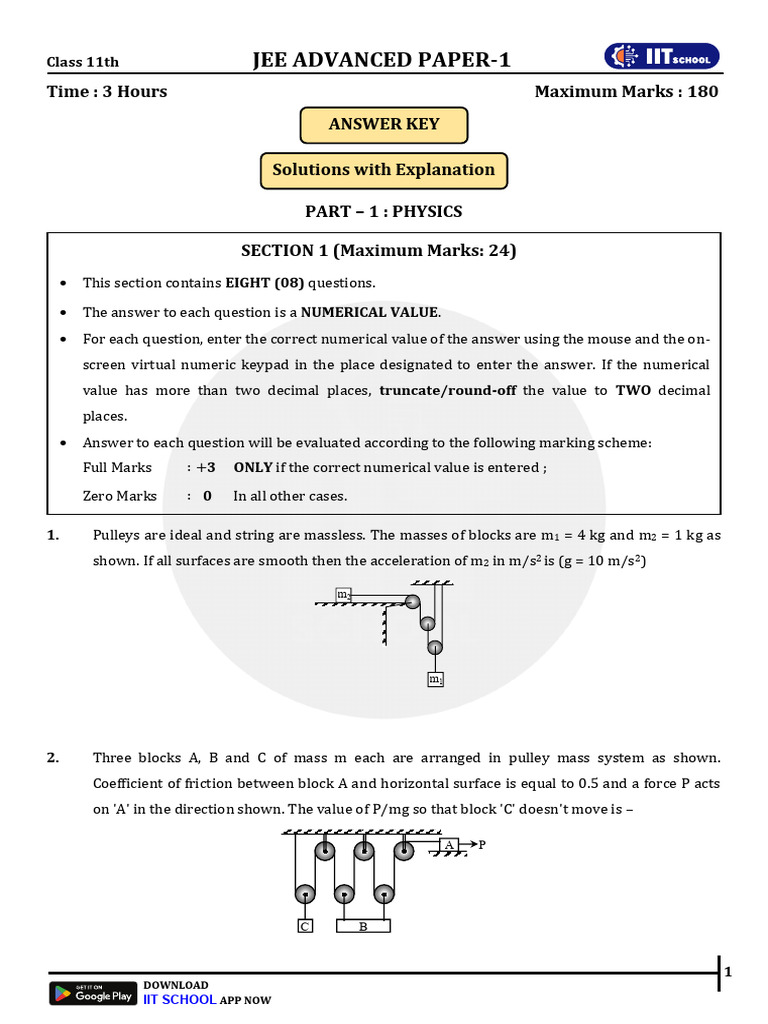 JEE Advanced Physics Paper 1 Solutions | PDF | Force | Friction