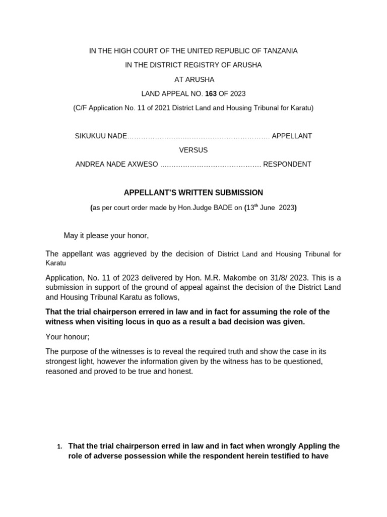 Land Appeal Submission in Tanzania | PDF