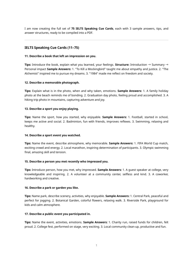 75 IELTS Speaking Cue Cards Guide | PDF