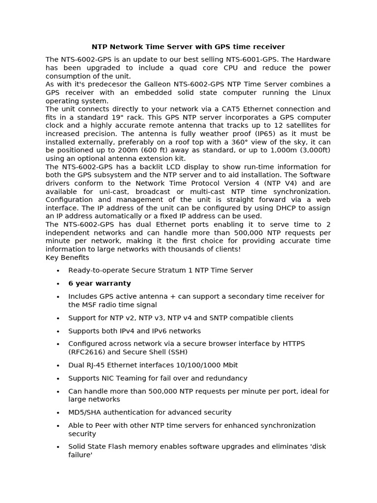NTS-6002-GPS: Advanced NTP Time Server | PDF | Computer Network | Ip ...