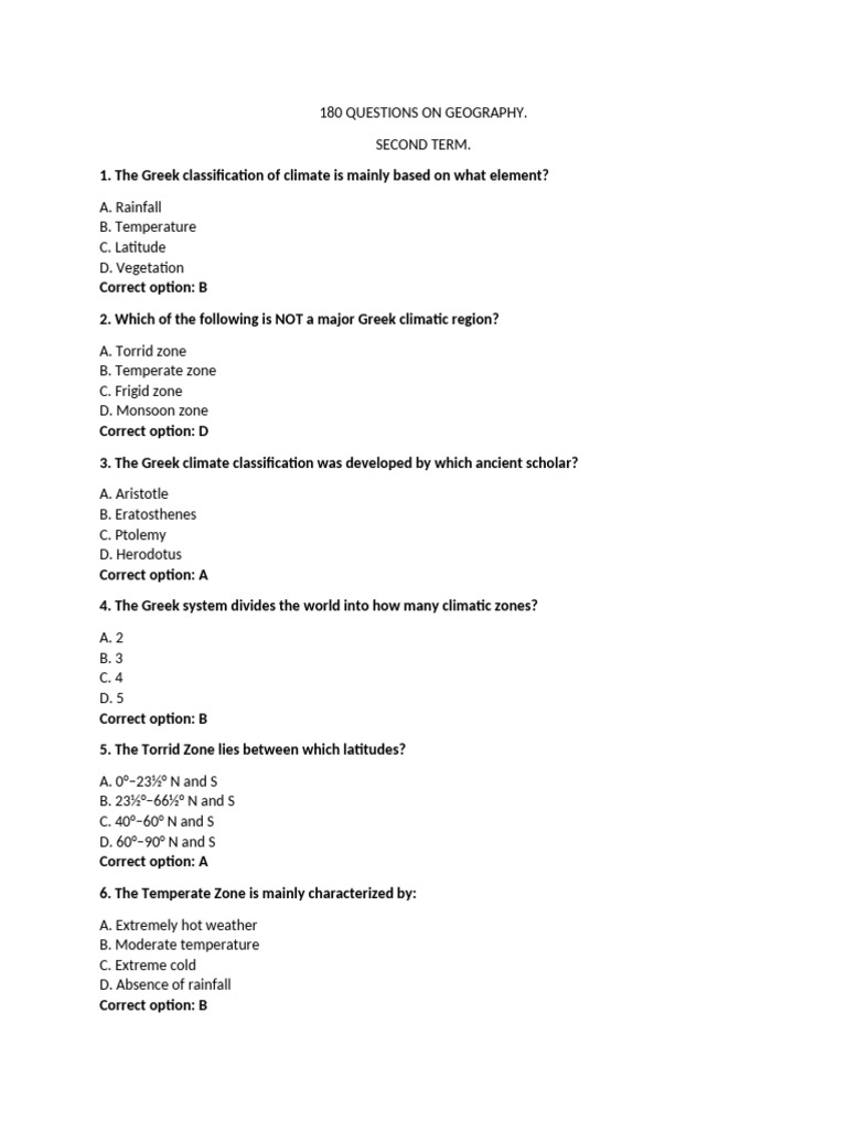 180 Geography Questions for Students | PDF | Tropics | Temperate Climate