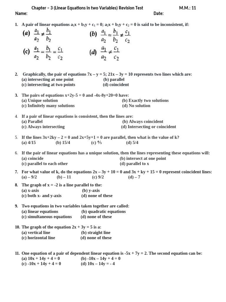Linear Equations Revision Test | PDF