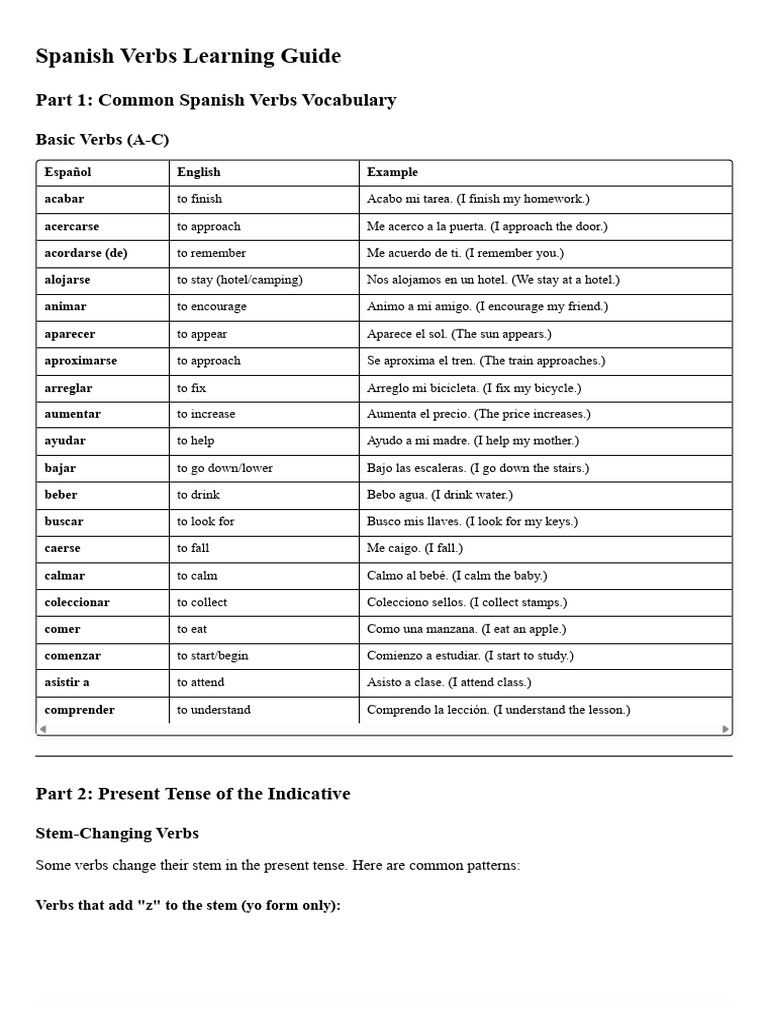 Spanish Verbs Learning Guide With Practice | PDF