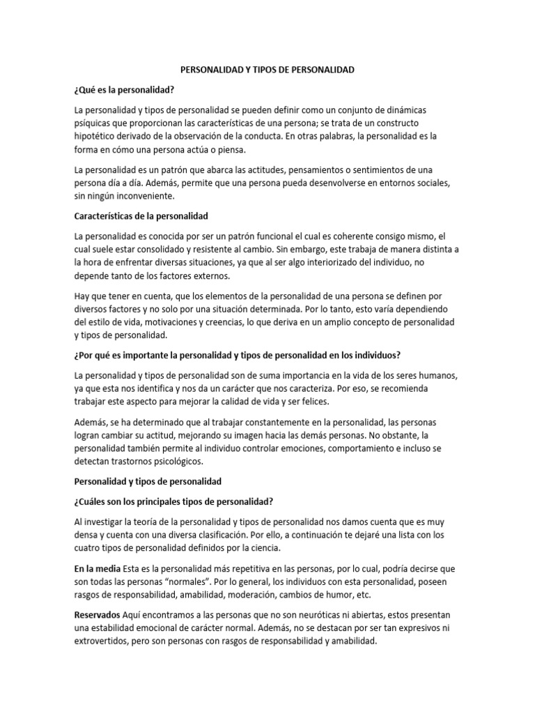 Personalidad y Tipos de Personalidad | PDF | Psicología de la ...