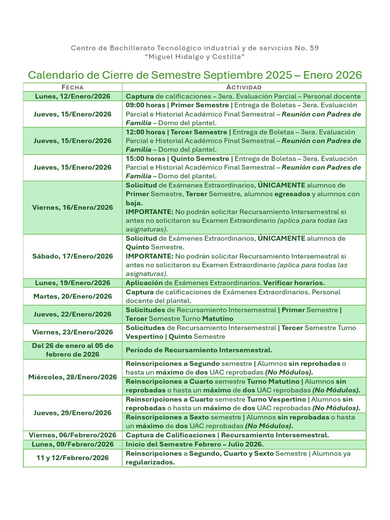 Calendario de Cierre de Semestre Septiembre 2025 - Enero 2026 | PDF
