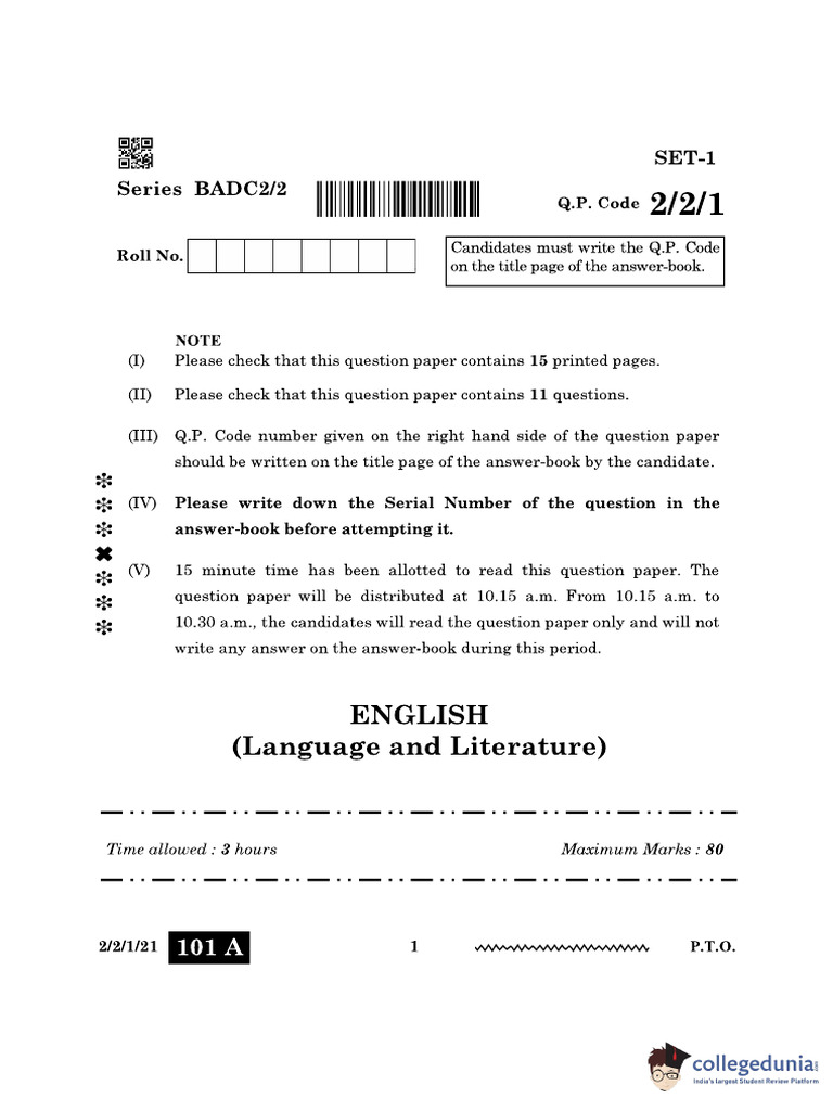 CBSE Class 10 English Question Paper 2024 Set 1 2 2 1 | PDF