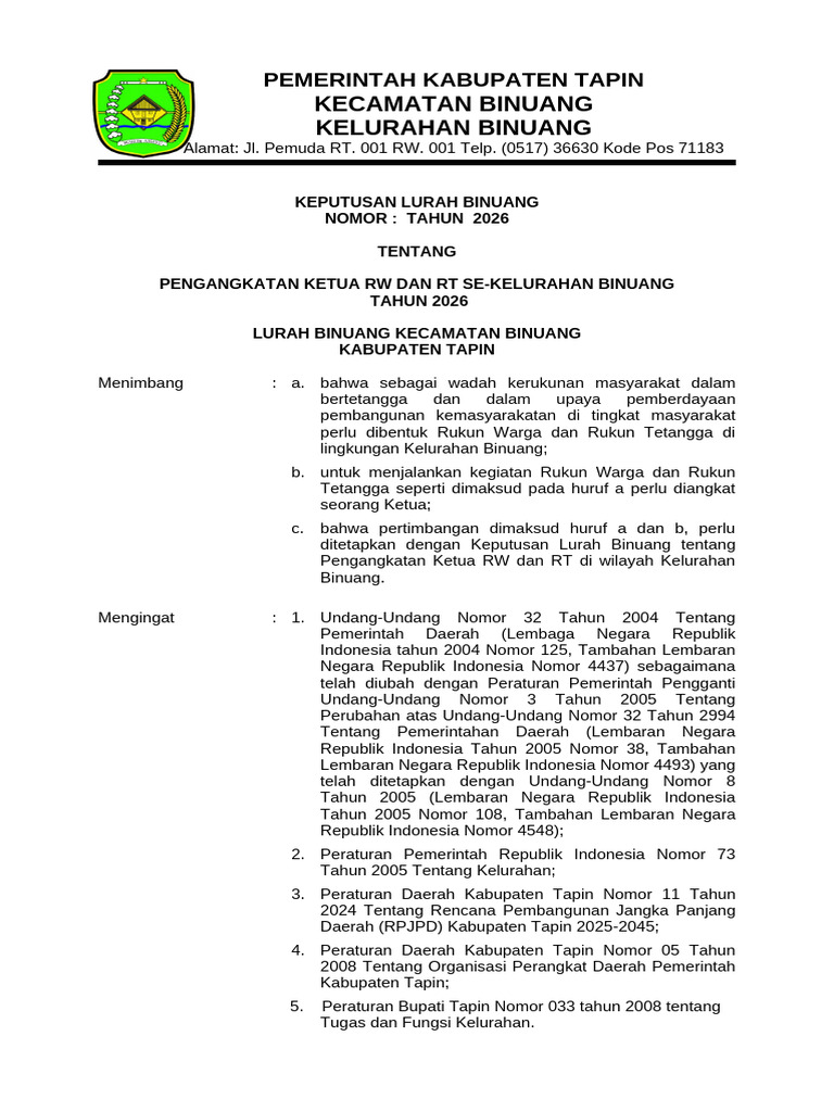 Pengangkatan Ketua RW dan RT Binuang 2026 | PDF