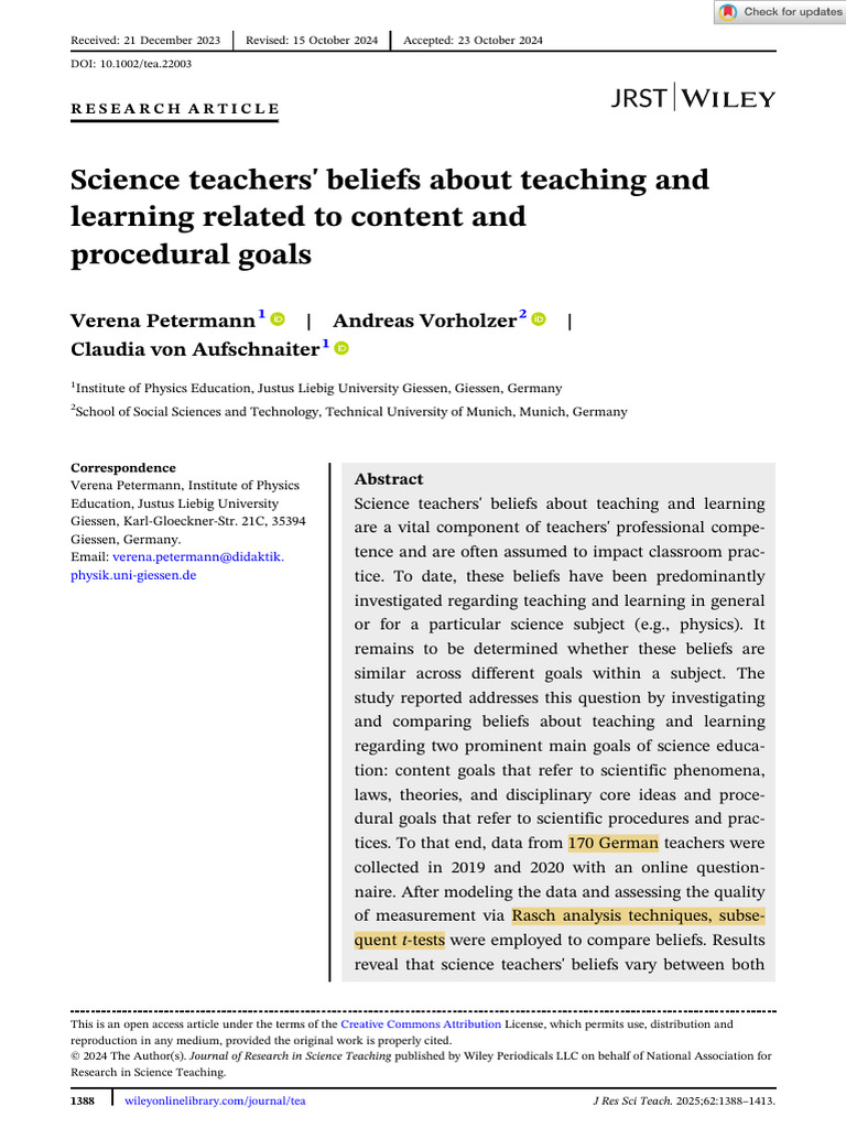 Science Teachers Beliefs About Teaching and Learning Related to Content ...