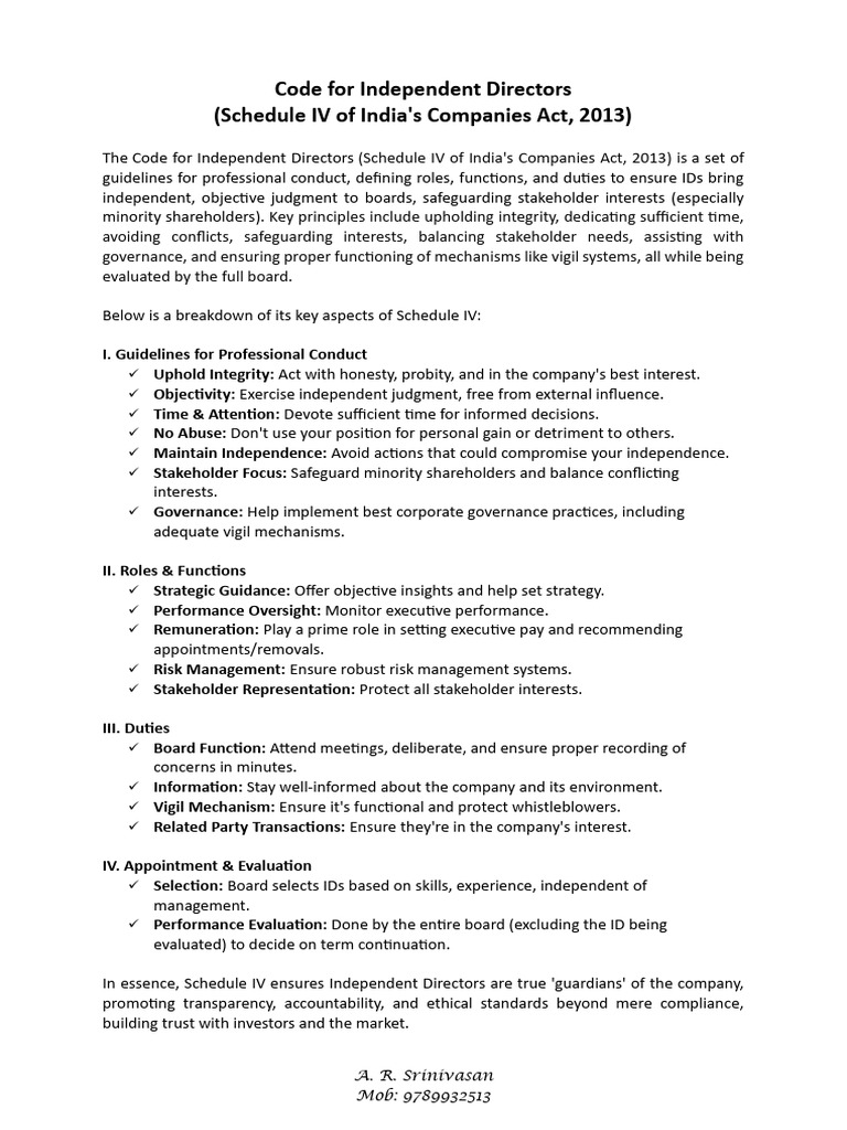 Code for Independent Directors Schedule IV | PDF | Governance ...
