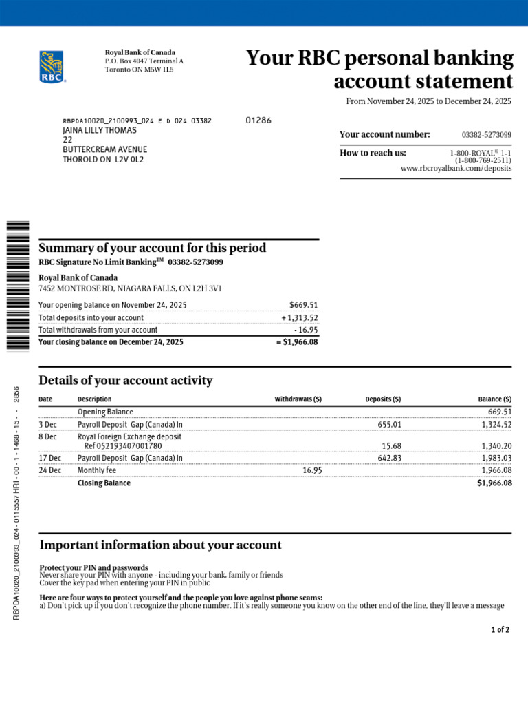 RBC Personal Banking Statement Summary | PDF | Cheque | Banks