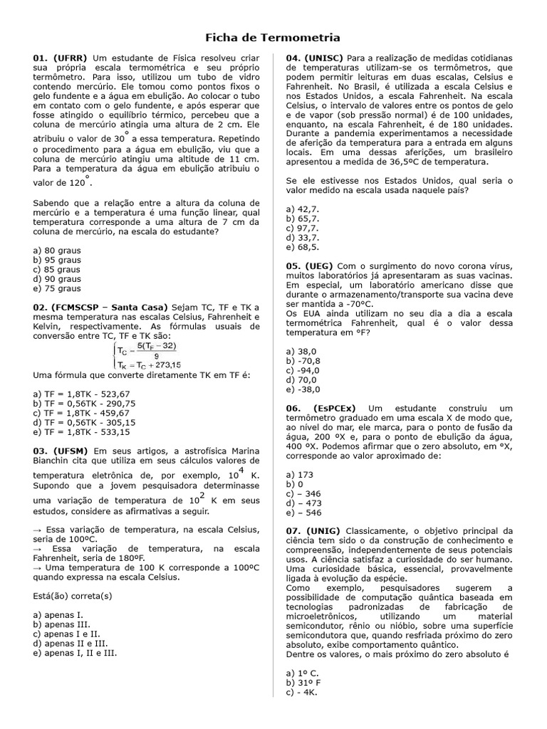 Questões sobre Escalas Termométricas | PDF | Fahrenheit | Temperatura