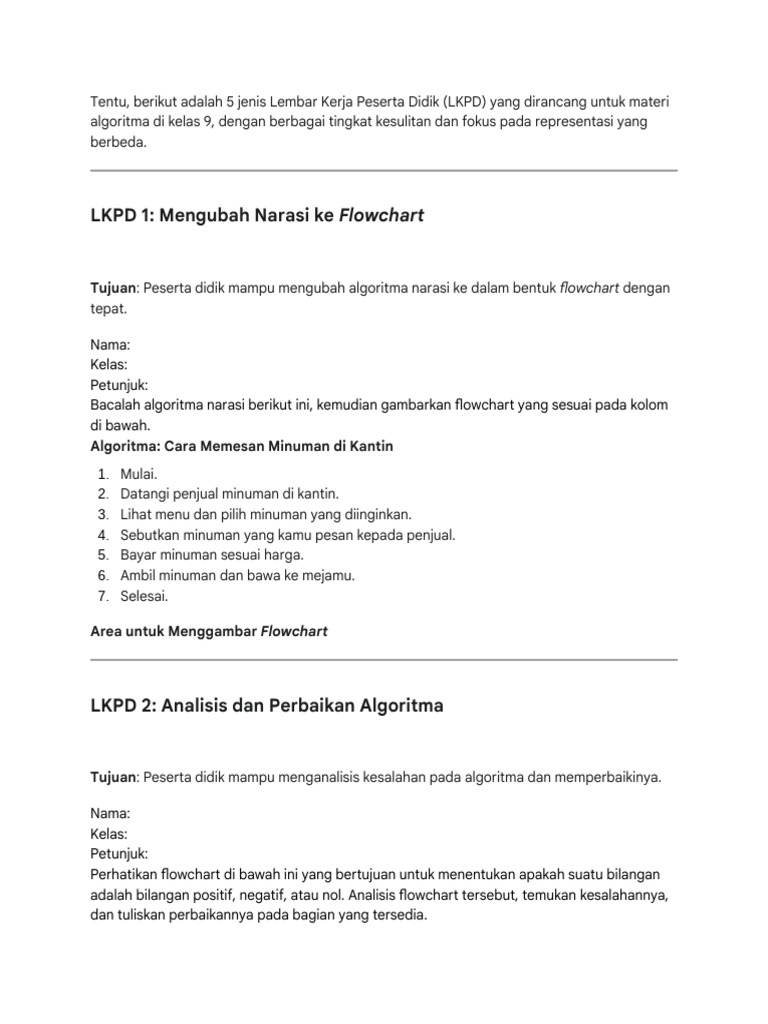 5 LKPD Algoritma Kelas 9 untuk Siswa | PDF