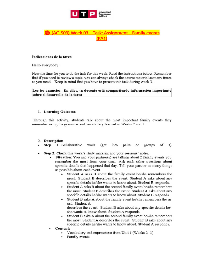 ? (AC-S02) Week 02 - Task Assignment - Family events (PA1) (INGLES III ...