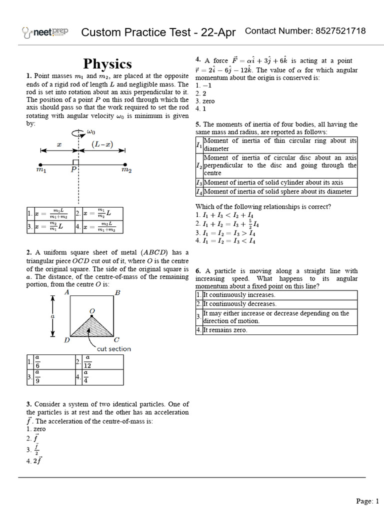 Physics Practice Test on Angular Momentum | PDF | Rotation Around A ...