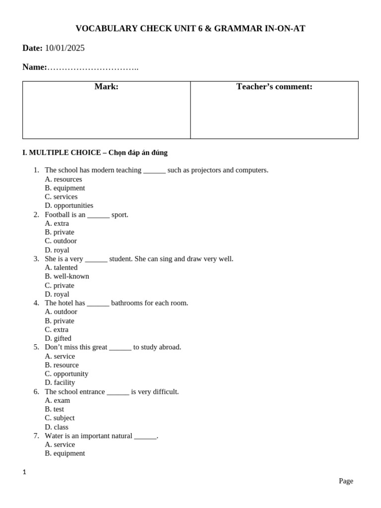 Vocabulary and Grammar Exercises: Unit 6 | PDF
