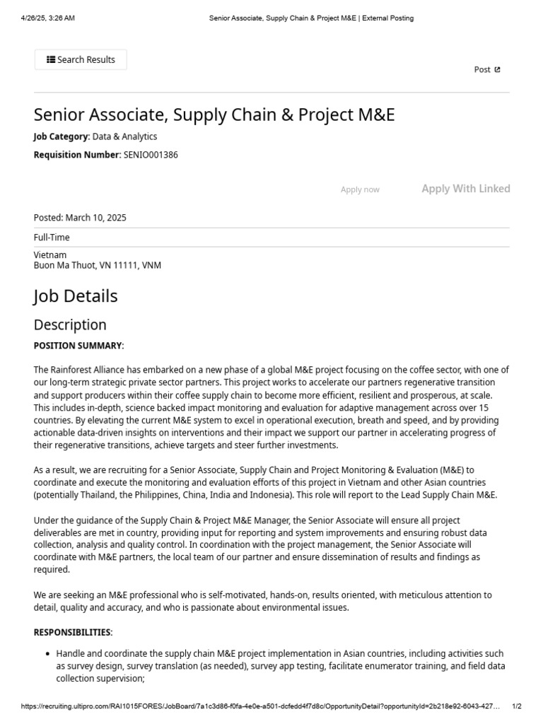 Senior Associate, Supply Chain & Project M&E _ External Posting | PDF ...