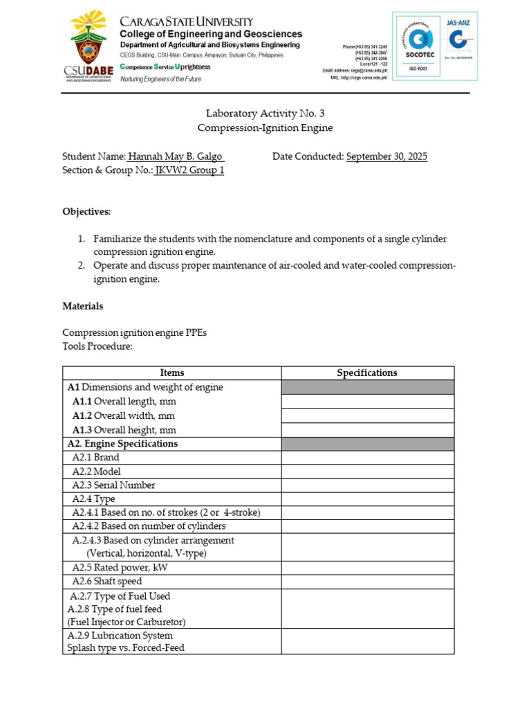 ABE103 Galgo Laboratory No. 3 Diesel Engine | PDF | Internal Combustion ...