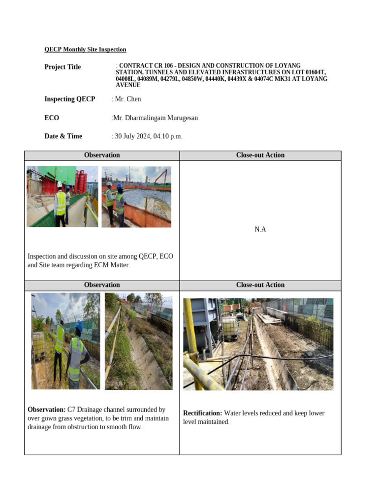 CR106 QECP Monthly Site Inspection-July 2024 | PDF | Drainage ...