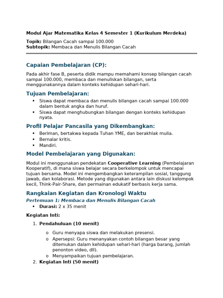 Modul Ajar Bilangan Cacah Kelas 4 | PDF